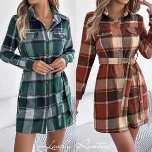 Plaid Green Tie Waist Shirt Dress